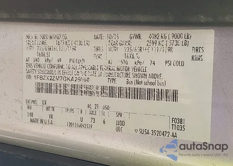 2016 Ford Transit-350 Xl from USA, damaged, VIN 1FBZX2ZM7GKA26098